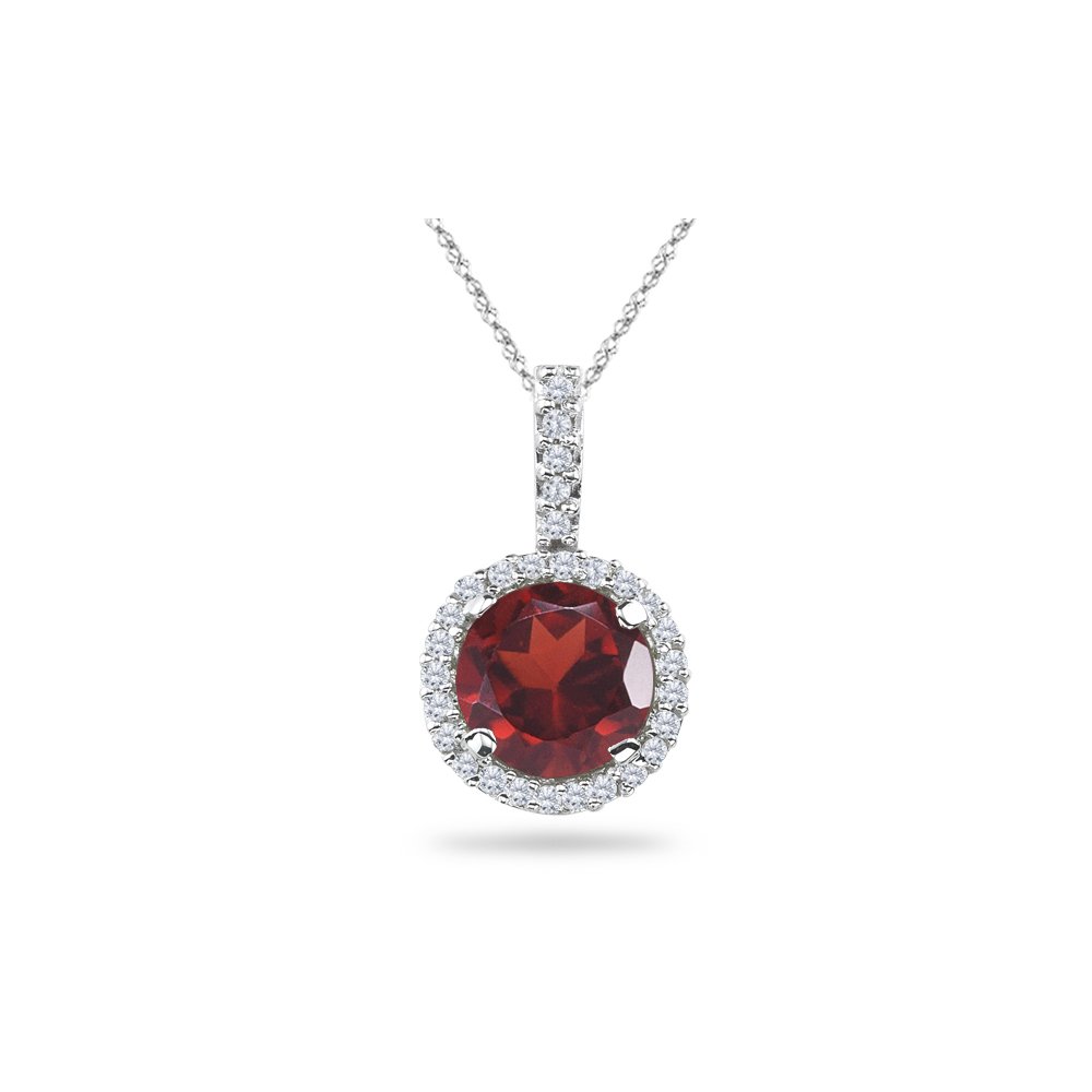 January Birthstone - Diamond Accented Garnet Solitaire Pendant AAA Round Shape in Platinum Available from 5mm - 9mm