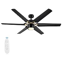 60 inch Ceiling Fan with Light and Remote Control, Large Modern Black Gold Ceiling Fans, Dimmable 3-Color Reversible Blades 6 Speed Quiet DC Motor for Indoor or Covered Outdoor