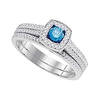 10kt White Gold Womens Round Blue Color Enhanced Diamond Bridal Wedding Engagement Ring Band Set 1/2 Cttw