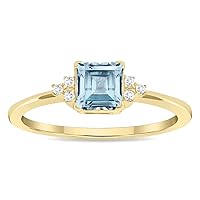 Women's Square Shaped Aquamarine and Diamond Half Moon Ring in 10K Yellow Gold