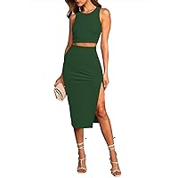 Pink Queen Women's 2 Piece Crew Neck Sleeveless Ribbed Tank Top Bodycon Slit Midi Skirt Outfit Dress Set