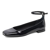 XYD Women Girls Closed Square Toe Flats Ankle Skinny Strap Buckle Glossy Chic Low Heel Casual Dress Shoes