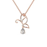 VVS Half Butterfly Style Pendant in 18K White/Yellow/Rose Gold with 0.03 Ct Round Natural Diamond & 0.65 Ct Pear Moissanite Solitaire Diamond & 18k Gold Chain Engagement Necklace for Women (IJ, I1-I2)