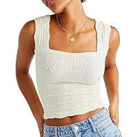 Women Wide Strap Square Neck Tank Tops Embroidered Slim Sleeveless Crop Top Lettuce Trim Cami Vest Shirt