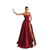 Women's Long Strapless Satin Prom Dresses Sleeveless Split Corset Back Evening Party Gowns with Pockets