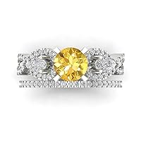 Clara Pucci 2.1 ct Round Cut Solitaire 3 stone Yellow Simulated Diamond Designer Art Deco Statement Wedding Ring Band Set 18K White Gold