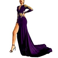 VeraQueen Women's Sexy Deep V Neck High Slit Mermaid Evening Dresses Long Sleeves Formal Prom Party Gowns Arabic