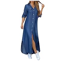 Women's Casual Dresses Long T Shirt Button Down Dress Pocket Baggy Loose Fit Roll up Sleeve Summer Sundress Daily Wear Streetwear(1-Blue,12) 1480
