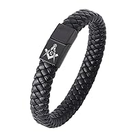 Braided Leather Mason Bracelet for Men Women, Black Masonry Symbol Square Compass Cuff Bangle with Stainless Steel Magnetic Clasp, Cool Freemason Emblems Masonic Jewelry for Brothers, 18.5cm/20.5cm