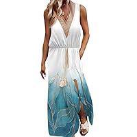 ZOCAVIA Womens V-Neck Sleeveless Dress Summer Lace V Neck Collar Dress Side Split Print Dress Casual Work Maxi Dress Elegant