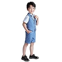 Boys Suit Vest Set 5-Piece Formal Suit Boy Short Sleeves Long Sleeves Shirts and Pants Shorts Outfits Set with Tie Bow