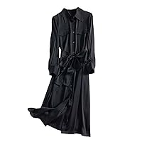 Women's Spring/Autumn Silk Dress,Mid-Length Polo Collar Elegant Shirt Dress