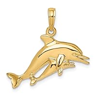 24mm 14k Gold Double Dolphins Swimming 2d Charm Pendant Necklace Jewelry for Women