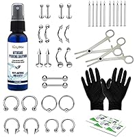 36PC Piercing Kit Stainless Steel 14G 16G Belly Ring Tongue Tragus Nose Aftercare Spray