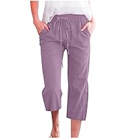 Capri Pants for Womens Summer Fashion Height Waist Elastic Cropped Trousers Wide Leg Casual Linen Pants Solid Pockets