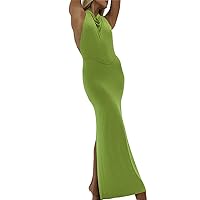 Ladies Women's Summer Dresses Womens Sundress Halter Neck Dress Sexy Sleeveless Backless Slit Dress(Green,Large)