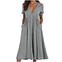 Summer Babydoll Midi Beach Dress Women Sexy V Neck Short Sleeve Shirt Dress Casual Loose High Waist A-Line Dresses