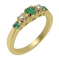 Solid 18k Yellow Gold Natural Emerald & Cultured Pearl Womens band Ring - Sizes 4 to 12 Available
