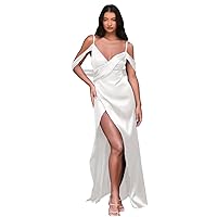 Women's Satin Prom Dress with Slit Long Mermaid Formal Evening Dress Cold Shoulder Bridesmaid Dresses YK932