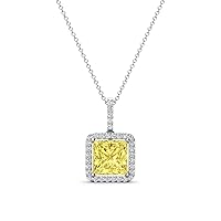 Princess Cut Lab Created Yellow Sapphire & Round Diamond 2.03 ctw Women Halo Pendant Necklace 14K Gold