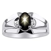 Rylos Mens Rings 14K White Gold - Diamond & Black Star Sapphire Ring 7X5MM Color Stone Gemstone Rings For Men Mens Jewelry Gold Rings