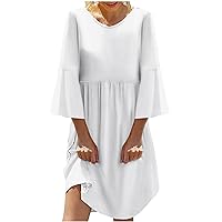 Women 3/4 Bell Sleeve Cotton Linen Babydoll Mini Dresses Summer Round Neck Casual Loose Fit Solid Flowy Swing Dress