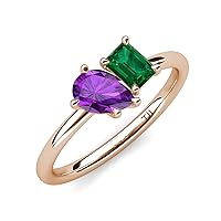 Pear Shape Amethyst & Emerald Shape Emerald 1.95 ctw Four Prong Women 2 Stone Duo Engagement Ring 14K Gold