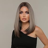 2 Tone Wig, Bob Wigs for Women, Dark Ombre Greyish Blonde Wigs, Short Hair Full Synthetic Wig for Women, Middle Part Heat Resistant Fiber, 16 inch Straight Wig VEDAR-261