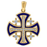 14k Yellow Gold Unisex CZ Cubic Zirconia Simulated Diamond Jerusalem Cross With Blue Enamel Religious Charm Pendant Necklace Mea Jewelry for Women