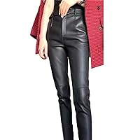 Real Sheepskin Leather Pants for Women Spring Autumn Female High Waist Trousers