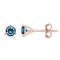 AFFY Round Cut Blue Natural Diamond 3-Prong Martini Stud Earrings (IGI Certified 0.30 ct & up) In 10k Solid Gold, (0.25-0.30 Cttw)