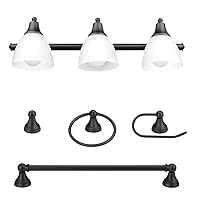 Globe Electric 51227 Jayden 5-Piece All-In-One Bathroom Set, Oil Rubbed Bronze, 3-Light Vanity Light with Frosted Glass Shades, Towel Bar, Toilet Paper Holder, Towel Ring, Robe Hook, Bulb Not Included
