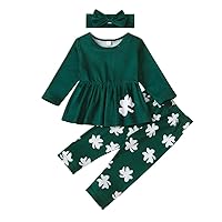 St.Patrick's Day Clothing,Girls' Ruffle Shamrock Three-Piece Set,Green Four-Leaf Clover Print Top,Pants And Headwear.