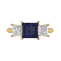 Clara Pucci 2.97ct Princess Cut 3 Stone Solitaire with Accent Simulated Blue Sapphire designer Statement Ring Solid 14k Yellow Gold