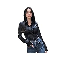 Shirts Women Colors Long Sleeve Elegant Solid Tops Retro Casual Clothing Sexy Slim Folds