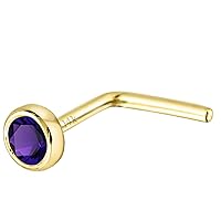 Jewelry Avalanche Solid 14K Gold L-Shape Stud Bezel Set Amethyst 22G L-Bend Nose Stud - 14K White Gold / 14K Yellow Gold February Birthstone Nose Ring Stud