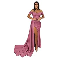 Off Shoulder Mermaid Prom Dresses Long Ruched Satin Sexy Split Formal Dress Evening Gowns Bodycon Bridesmaid Dress