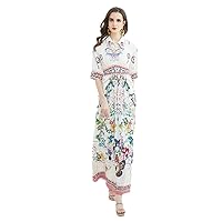 Designer Runway Crystal Beading Summer Dress Women's Notched Collar Floral Print Single Breasted Long Vestidos
