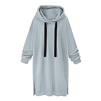 Long Hoodies for Women Oversize Longline Pullover Sweatshirt Split Hem Drawstring Hoodie Dress with Kangaroo Pocket