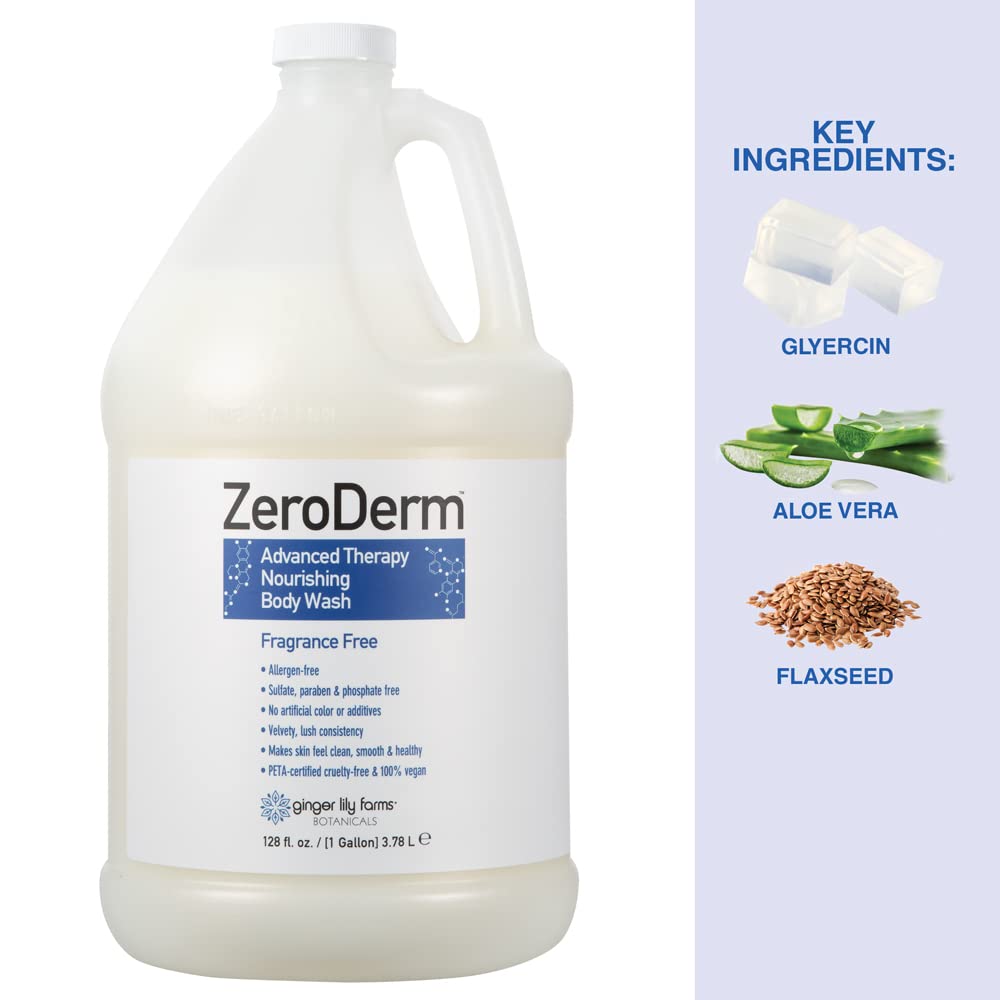 Ginger Lily Farms Botanicals ZeroDerm Advanced Therapy Nourishing Body Wash, 100% Vegan & Cruelty-Free, Fragrance Free, 1 Gallon (128 Fl. Oz.) Refill
