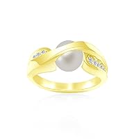 0.14 Cts Diamond & 7 mm White Cultured Pearl Ring in 14K Yellow Gold