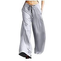 Women's Summer Straight Wide Leg Pants Drawstring Button Down Trousers Loose Fit Comfy Vintage Flowy Palazzo Pants