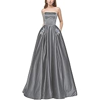 Women's A Line Strapless Prom Dresses with Pockets Long Beaded Satin Ball Gown Dress