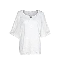 Plus Size Women Hollow Out Short Sleeve V Neck Tops Summer Floral Embroidery Trendy Casual Loose Fit Solid T-Shirts