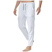 Mens Linen Pants Casual Drawstring Pants Elastic Waist Cargo Jogger Summer Outdoor Beach Yoga Pants for Men Trouser