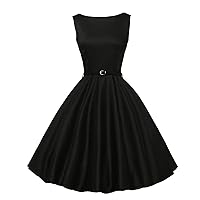 Women 50s60s Sleeveless Vintage Tea Party A-Line Dress with Belt Rockabilly Prom Cocktail Swing Solid Boatneck Dress