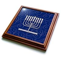 3dRose Silver Faux Glitter Menorah Festival of Lights Hanukkah on Blue Trivet with Tile, 8 by 8