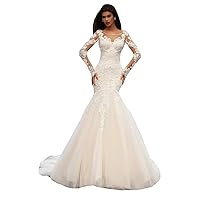 Beach Plus Size Illusion Bridal Ball Gowns Train Lace Mermaid Wedding Dresses for Women Bride Long Sleeve