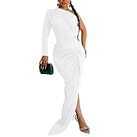 Elainone Women One Shoulder Bodycon Dress Long Sleeve and Sleeveless Evening Cocktail Party Long Dresses with Tail