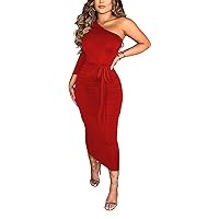Halfword Women's One Shoulder Ruched Bodycon Dress with Belt Sexy Long Sleeve Bandage Cocktail Pencil Midi Dress